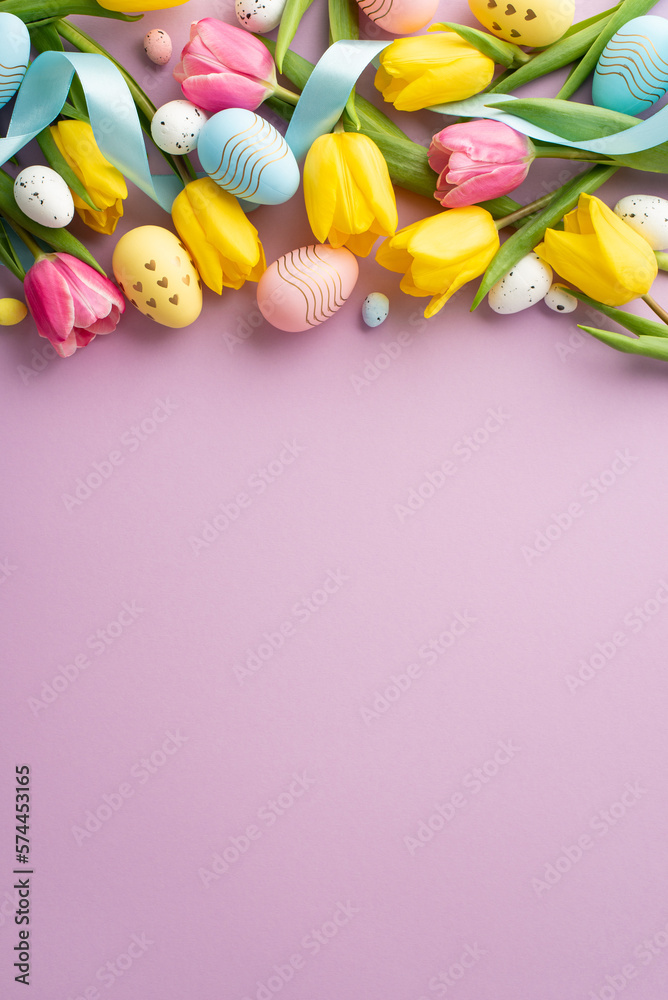 Easter decorations concept. Top view vertical photo of yellow pink tulips colorful easter eggs and blue ribbon on isolated lilac background with empty space