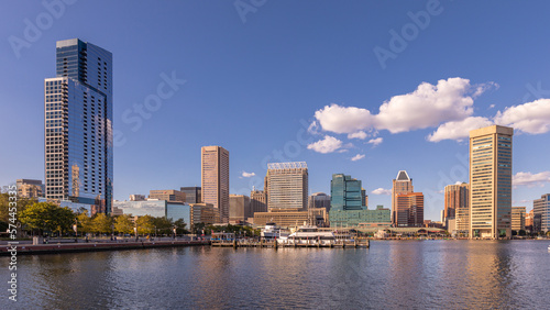 View of Inner Harbor and Downtown Skyline Aerial in Baltimore  MD