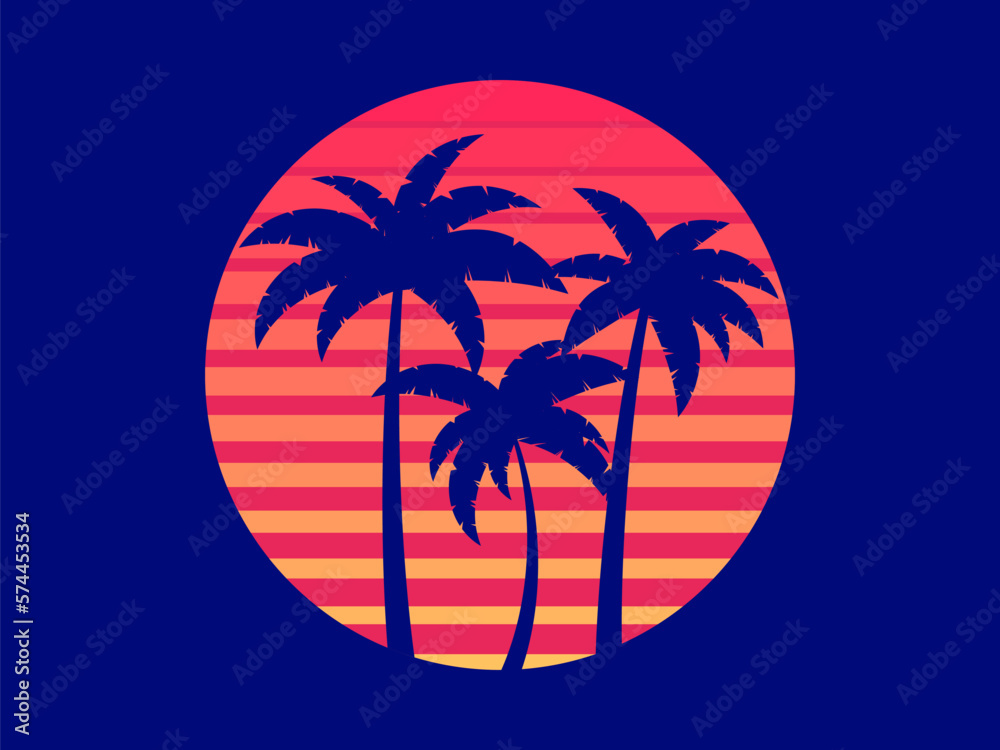 Tropical palm trees at sunset in a futuristic 80s style. Summer time, silhouettes of palm trees in synthwave and retrowave style. Design of advertising booklets and banners. vector illustration