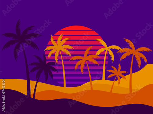 Fototapeta Naklejka Na Ścianę i Meble -  Palm trees on a retro sunset background. Tropical palm trees against the backdrop of a futuristic sunset. Design for promotional products, banner and poster. Vector illustration