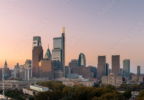 Philadelphia Skyline with Business District Area. Beautiful Morning Sunlight and Sky. Pennsylvania.