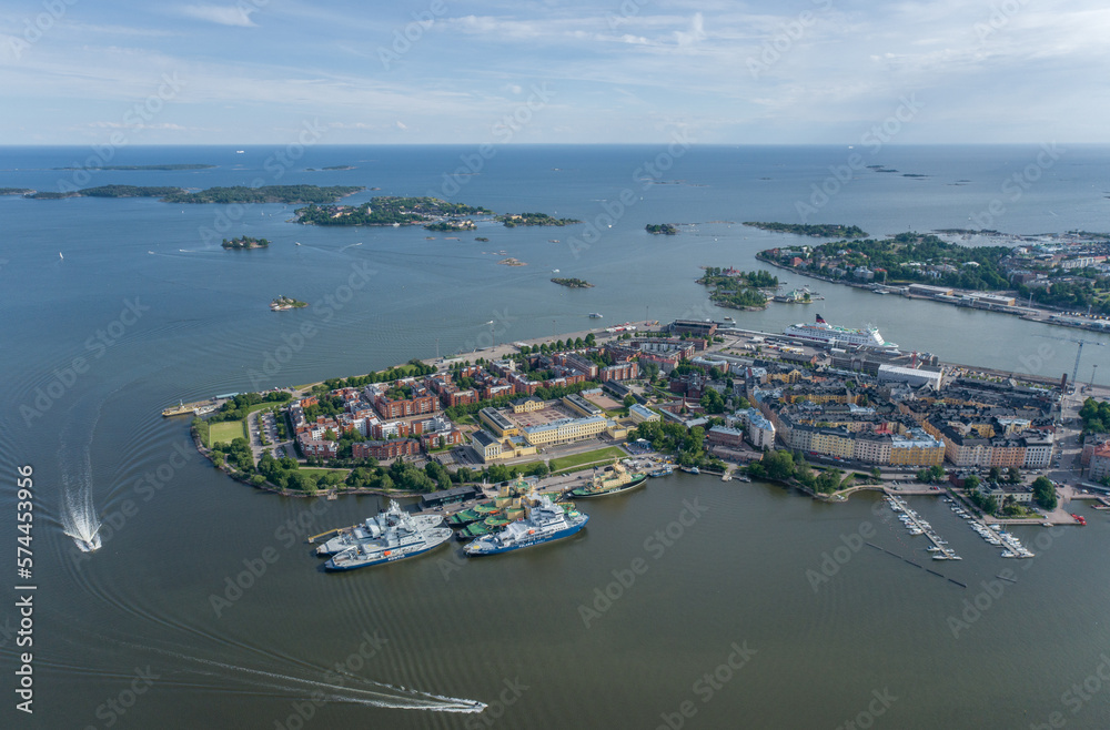 Katajanokka area in Helsinki, Finland. Beautiful Cityscape with Harbour and Sea in Background. Drone Point of View.