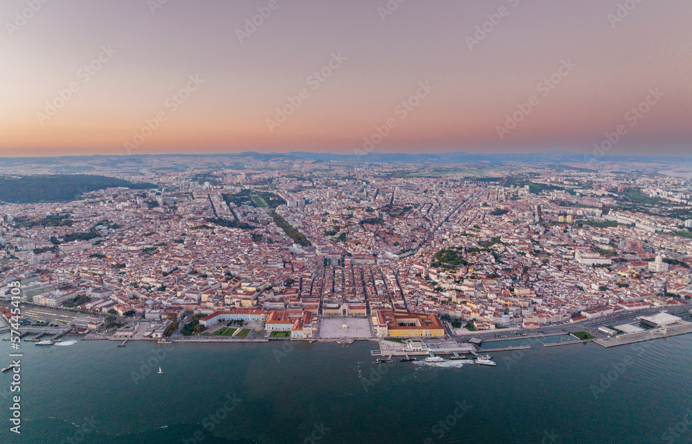 Lisbon Skyline and Cityscape. Tagus River in Foreground, Downtown and Old Town in Background. Portugal