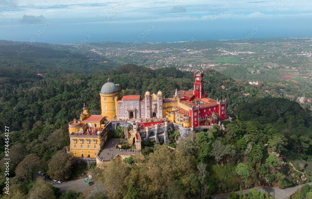 Palace of Pena in Sintra. Lisbon, Portugal. Part of cultural site of Sintra City. Drone Point of View