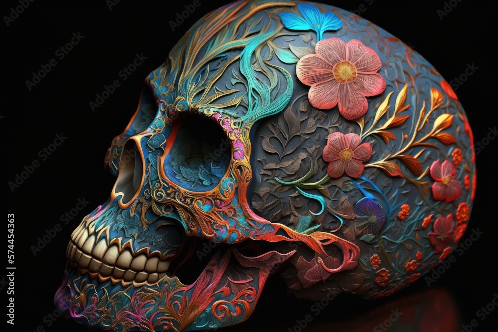 Vibrant skull adorned with intricate floral designs takes center stage against a black backdrop, a bold and eye-catching statement piece. Generative AI