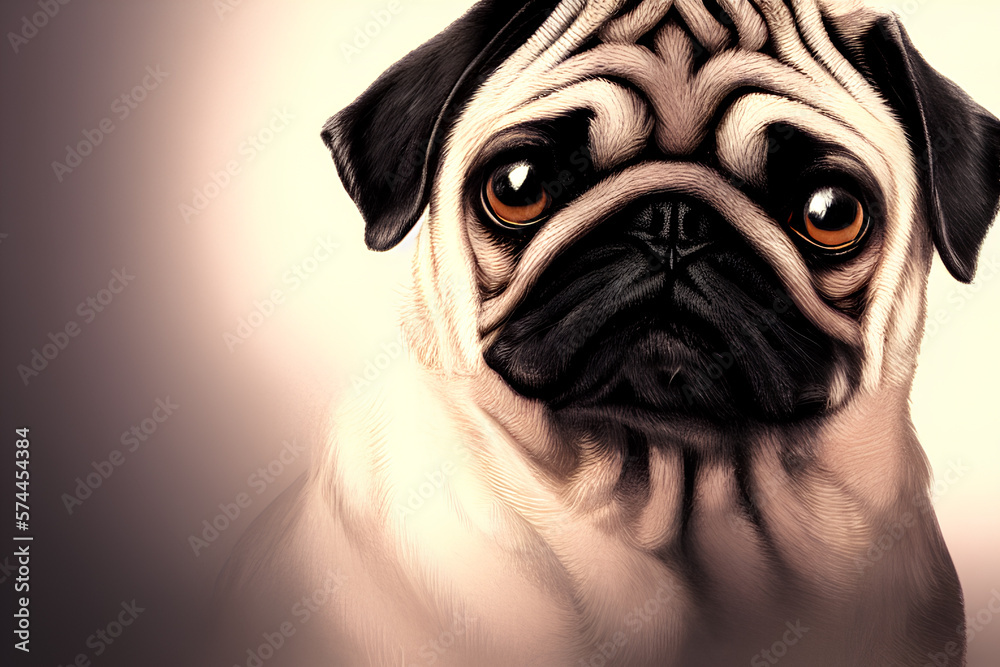 Portrait of cute pug. Close up of charming dog. Generative AI	