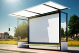 Premium white billboard at a busy bus stop, maximize your brand exposure with this sleek white billboard. Generative AI