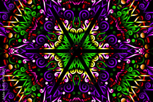 Beautiful caleidoscope symmetrical colourful gradient flowers line art of traditional abstract symbol batik dayak ornament design template elements