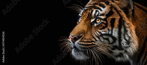 Powerful tiger profile in close-up on black background with ample copy space, conveying strength and intensity. Generative AI