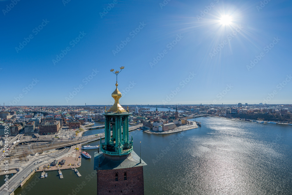 Stockholm City Hall Roof and Golden Crowns on the Top. Sweden. Drone Point of View