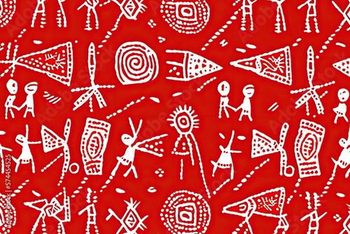 Background pattern in warli style repetitive bright, concept of Geometric Shapes and red Palette, created with Generative AI technology © tookitook