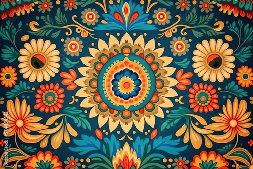 Background pattern in zhostovo style repetitive brigh, concept of Folk Art and Colorful Design, created with Generative AI technology
