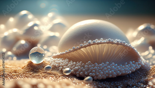 Beautiful pearl shells on a sandy beach. Generative AI