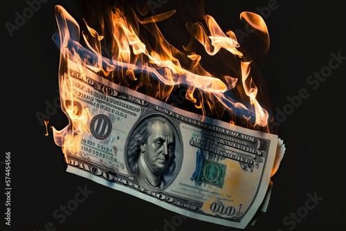 Burning pack of money isolated black background, concept of Ignition and Wealth, created with Generative AI technology photo