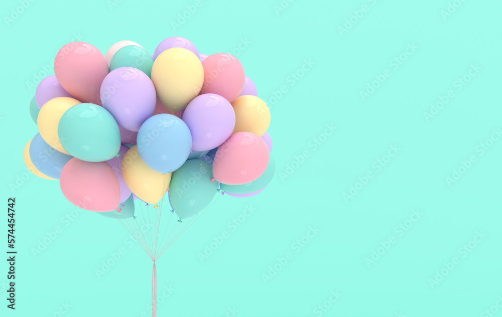 A bunch of pastel colored balloons on green background. Empty space for birthday, party, promotion social media banners, posters. 3d render balloons