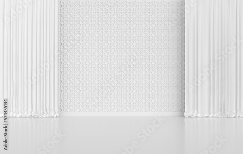 WhiteiInterior walls with curtains. Walls with ornated mouldings panels in arabic style. 3d rendering interior mock up.