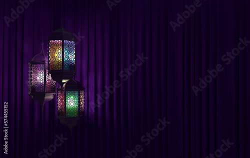 Colorgul lantern with candle, lamp with arabic decoration, purple curtains. Concept for islamic celebration day ramadan kareem. 3d rendering