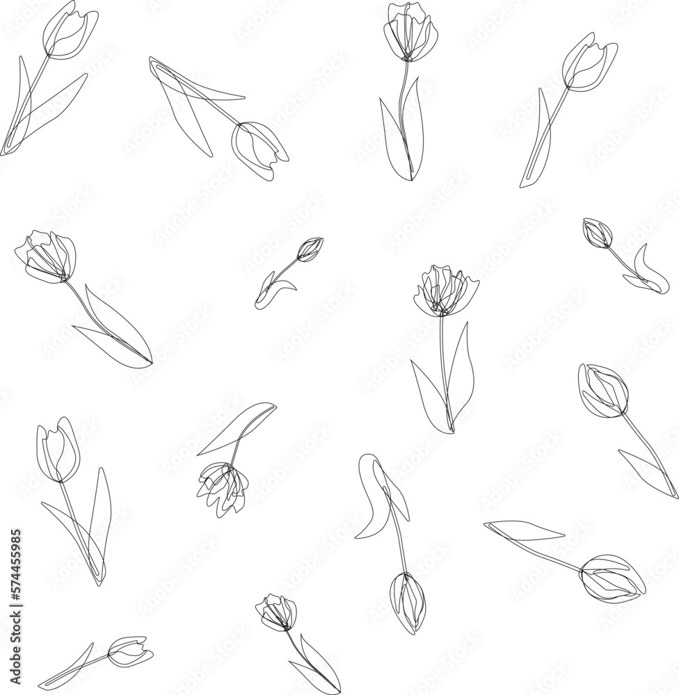 Tulips flower line pattern. Linear tulips outline background for print. flowers background. greeting card, website, printing on fabric, gift wrap, postcard and wallpapers. Tulips flower line pattern. Linear tulips outline background for print. flowers background. greeting card, website, printing on fabric, gift wrap, postcard and wallpapers.
