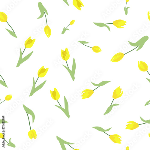 Seamless floral pattern of stylized Tulip flowers for printing, fabrics. Flowers are arranged in a chaotic manner on a white background. Pattern with different colors. repeating spring flowers.