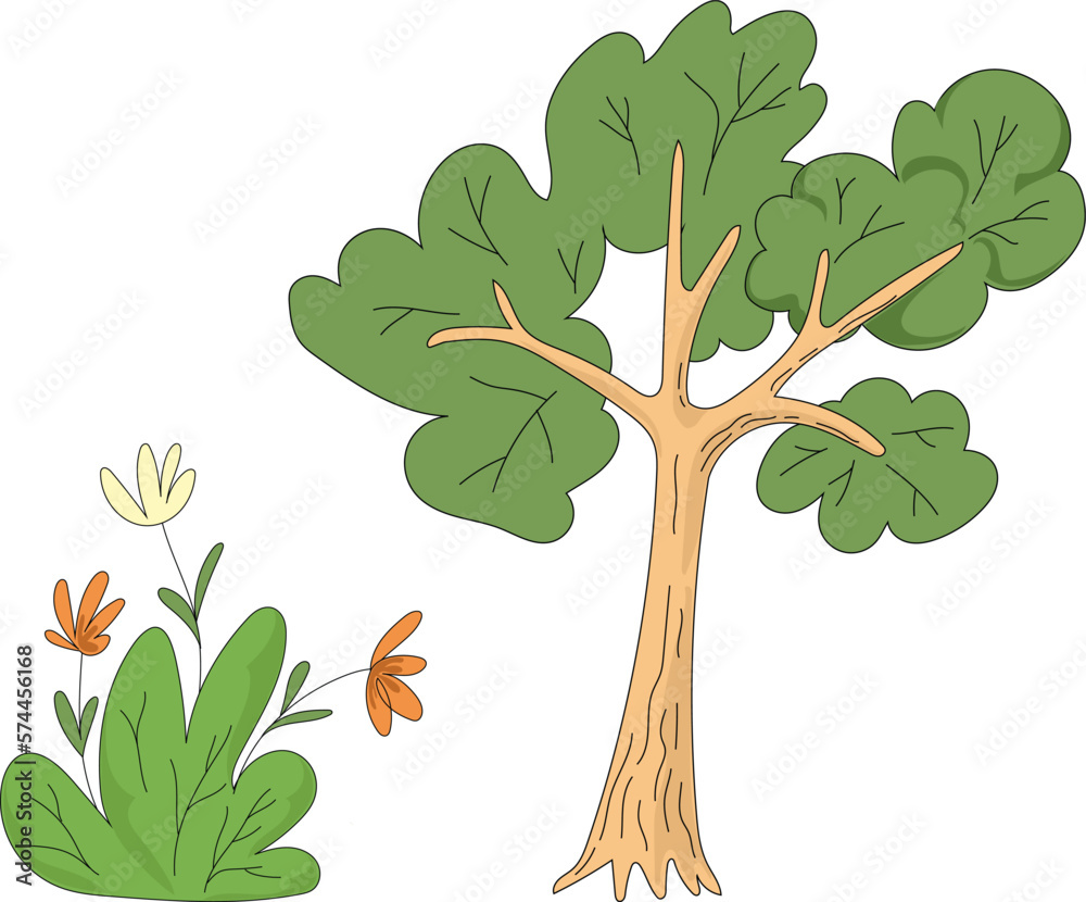 Vector Tree and Bush with Flowers Illustration Children Cute Drawing
