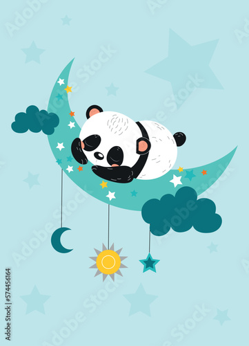Cute panda on crescent poster. Charming animal sleeps next to stars and sun with clouds. Imagination and fantasy, dream and rest. Poster or banner for website. Cartoon flat vector illustration