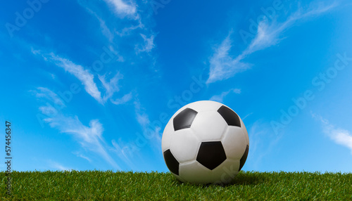 Soccer ball on green grass on sky background. Professional sport concept. Horizontal sport poster  greeting cards  headers  website