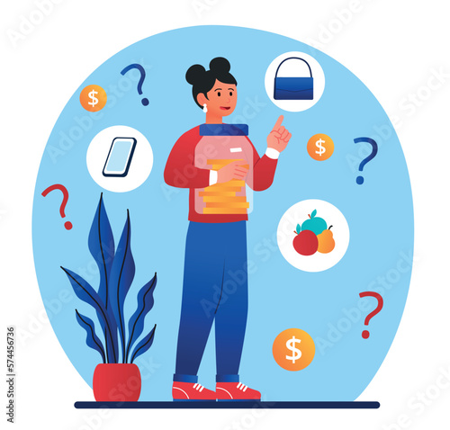 Woman planning purchases. Young girl with jar of gold coins thinks about shopping, makes budget plan. Financial Literacy and savings. Person thinking about expenses. Cartoon flat vector illustration