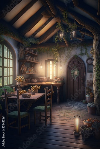 illustration, spectacular interior of a medieval fantasy house, ai generative