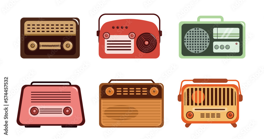 Set of colored retro radios in cartoon style. Vector illustration of vintage portable radio music players isolated on white background.