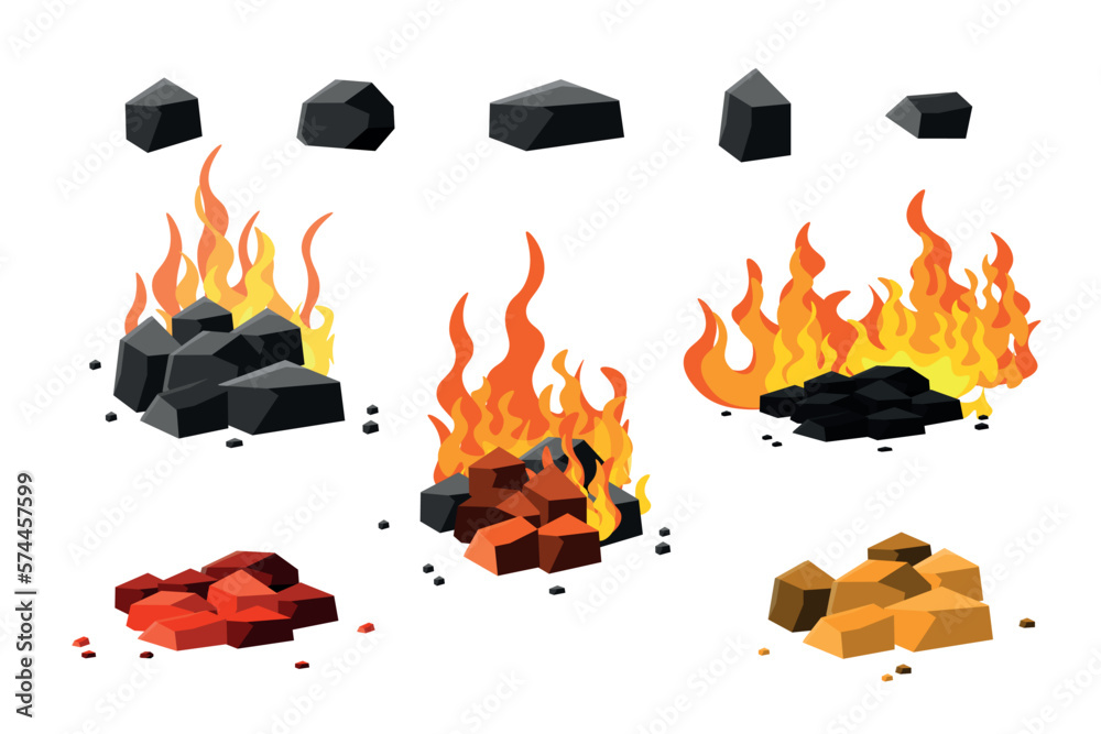 Vetor do Stock Set of campfires with burning coals in cartoon style
