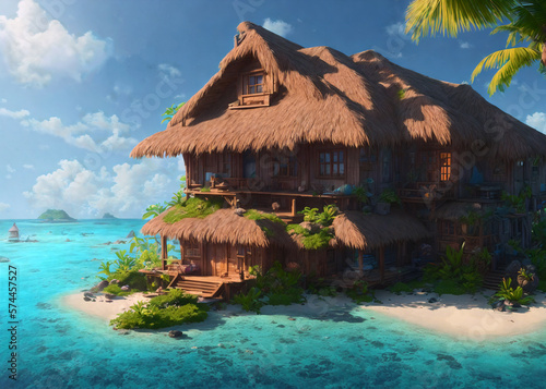Beautiful house on a small tropical island, on a clear sunny day surrounded by the ocean. Generative AI. 