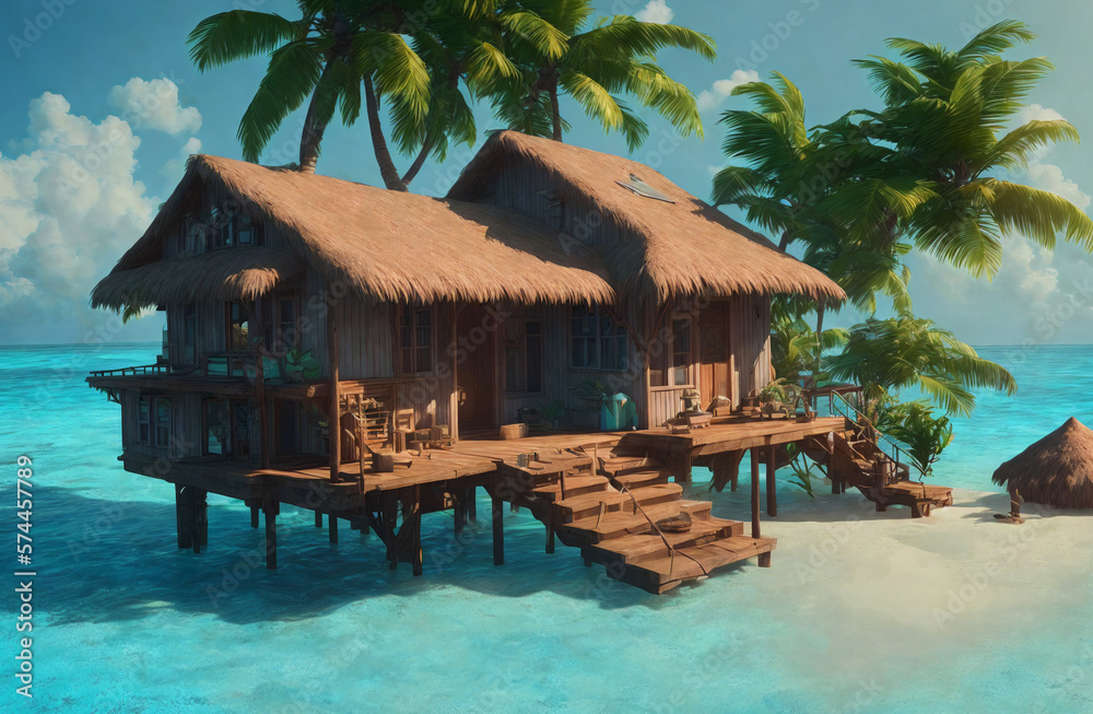 Beautiful house on a small tropical island, on a clear sunny day surrounded by the ocean. Generative AI.	