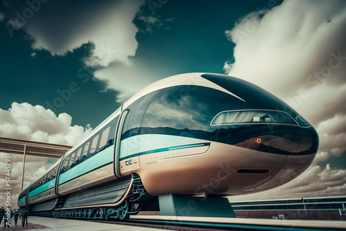 futuristic, modern Maglev train passing on mono rail. Ecological future concept, generative ai © VicenSanh