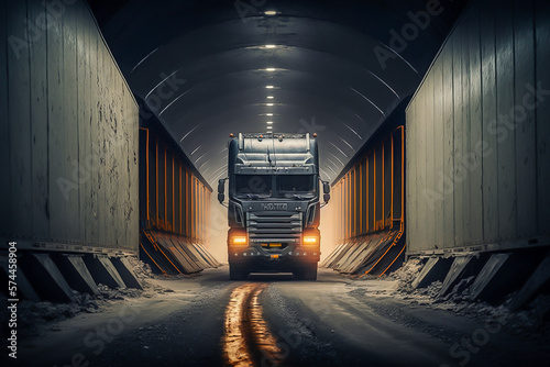 Cargo suos terrain, freigh truck in the tunnel, generative ai photo