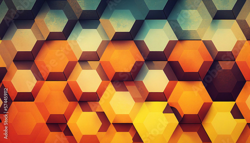 Blue and Orange abstract background with beveled hexagons created with generative AI technology (ID: 574459112)