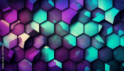 Purple and teal abstract background with hexagons created with generative AI technology (ID: 574459132)