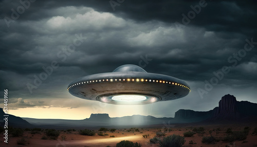 Flying saucer flies over highways and in the desert. Invasion of extraterrestrial intelligence on an intergalactic ship. Alien abduction. Created with Generative AI.