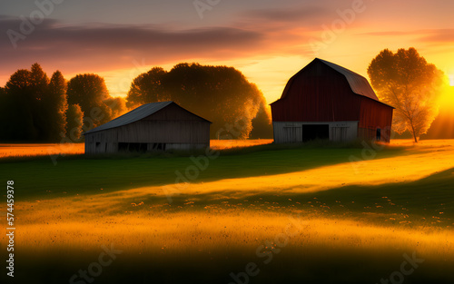 Old barn on the farm at golden autumn morning.Generative Al Illustration.