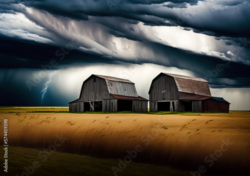 Old barn on the farm before storm.Generative Al Illustration. photo