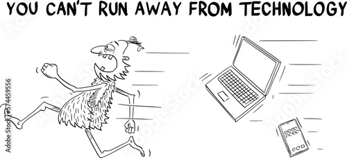 Business or Political Cartoon About Caveman and Computer Technology, Vector Illustration