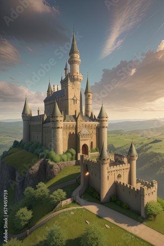 Wallpaper Mural Medieval Castle With Intricate Architecture, Surrounded by Lush Green Hill Landscape. Generative AI. Torontodigital.ca