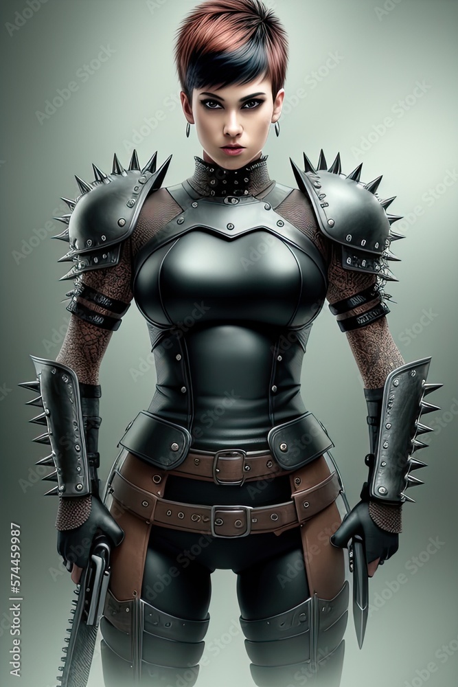 Badass Female Post-Apocalyptic Warrior in Armor With Weapons. Generative AI. Badass Female Post-Apocalyptic Warrior in Armor With Weapons. Generative AI.