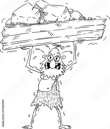 Business or Political Cartoon About Caveman Lifting Heavy Rock, Vector Illustration
