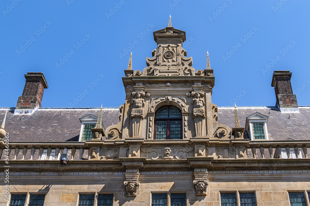 Architectural fragment of Leiden Stadhuis (City Hall), 16th century building. Leiden, South Holland, the Netherlands.