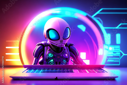 Alien hacker with laptop in a mysterious environment. Intergalactic, cyber security, internet concept created with generative AI.