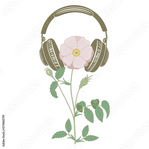 Blooming branch of wild rose flower wearing headphones. Funny creative music design. Listen to nature. Isolated vector illustration.