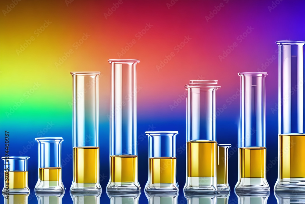 Multi-colored liquids in scientific tubes in a laboratory. Science, experiments, analysis concept created with generative AI.