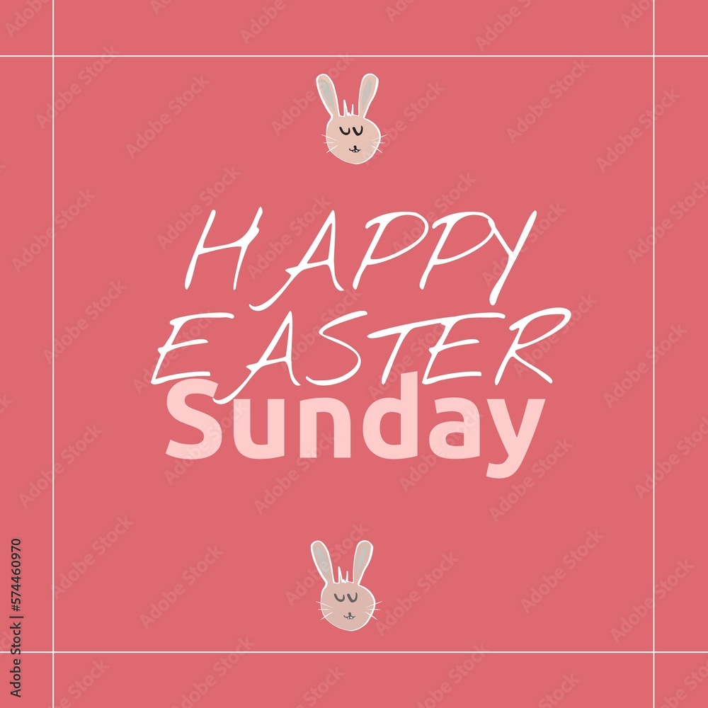 Obraz premium Illustration of rabbit's face and happy easter sunday text on pink background, copy space