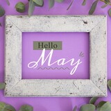 Composition of hello may text over green leaves