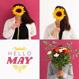 Composition of hello may text over diverse people with sunflowers and roses